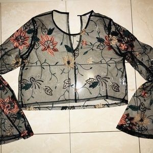 See through lace black floural blouse